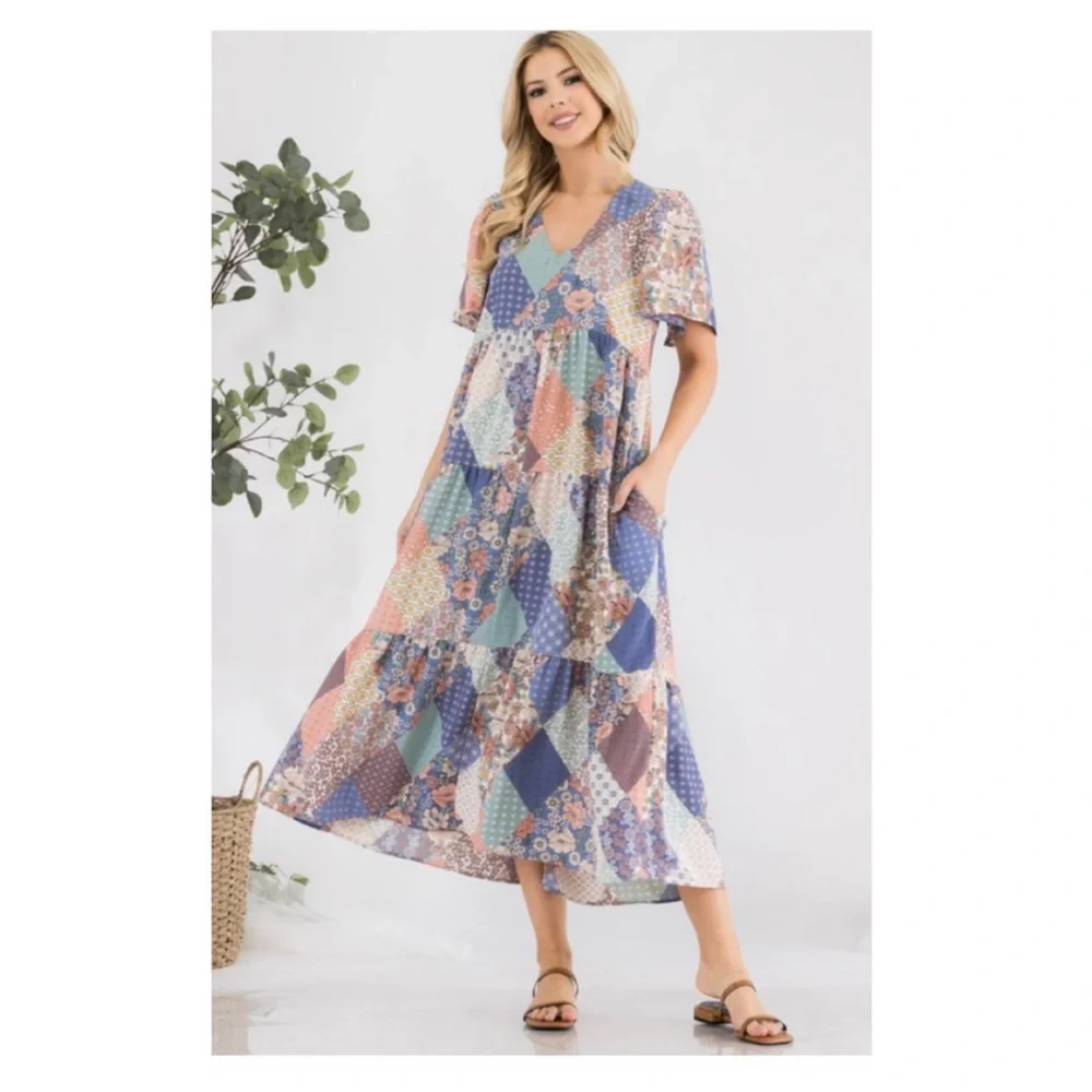 🆑Cute patchwork V neck dress - Picture 8 of 10